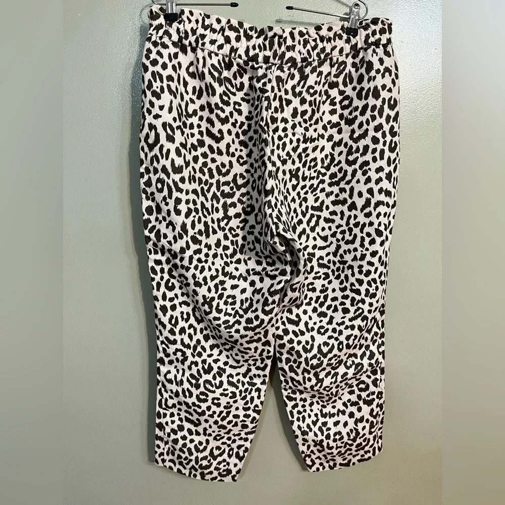 J Crew Womens Leopard Print Crop Ankle Pants Linen Bland Ruffed Waist Size 14